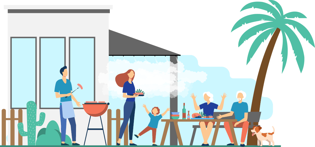 Illustration of family in backyard barbecue with misty patio